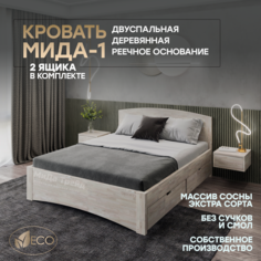 Кровать МиДа Трейд МиДа-1 с 2 ящиками 140х200 из массива сосны, без покрытия