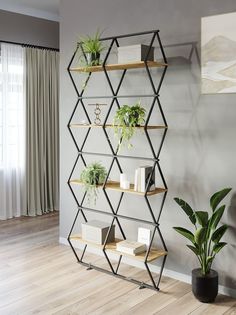Стеллаж KM LOFT Ромбо черный/дуб вотан лофт для дома в гостинную перегородка