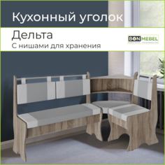 Диван кухонный BONMEBEL 4-местный в экокоже, дуб сонома трюфель/серый/белый