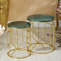 Столики Glasar с зеленым мрамором, 43х43х50, 35х35х45см ГЛАСАР