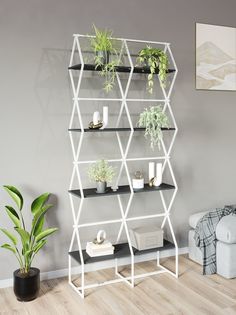 Стеллаж KM LOFT Ромбо Ст белый/дуб вотан лофт для дома в гостинную перегородка