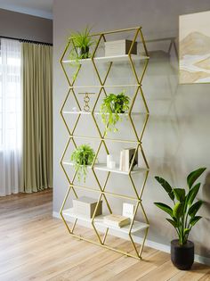Стеллаж KM LOFT Ромбо золотой/белый лофт для дома в гостинную перегородка