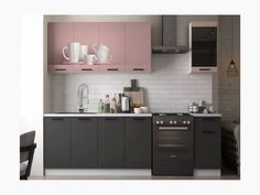 Кухня МДФ Техно 2000 компоновка №3, пудра софт / угольный софт, ФП №3 Миф