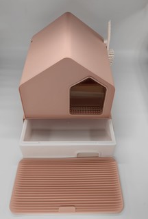 Туалет-домик для кошек Чистый котик, выдвижной поддон, совок, розовый, пластик, 46х44x46см