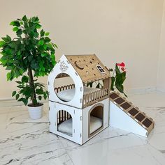 Домик для кошек Ais Laser двухэтажный бело-бежевый, 43х28х66см