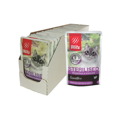 Влажный корм для кошек Blitz Sensitive Sterilised, в соусе, индейка, клюква, 24 шт по 85 г