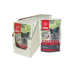 Влажный корм для кошек Blitz Classic, кусочки в соусе, курица и потрошки, 24 шт по 85 г