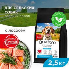 Сухой корм для собак QUATTRO, средние породы, для живущих в деревне, с лососем, 2,5 кг