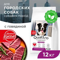 Сухой корм для собак QUATTRO, средние породы, для живущих в городе, с говядиной, 12 кг