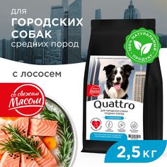 Сухой корм для собак QUATTRO, средние породы, для живущих в городе, с лососем, 2,5 кг