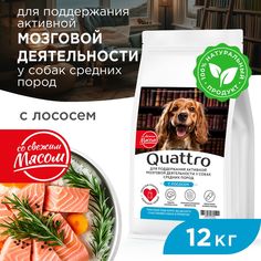 Сухой корм для собак QUATTRO, средние породы, для памяти и мозга, с лососем, 12 кг