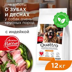 Сухой корм для собак QUATTRO, большие породы, для заботы зубов и десен, с индейкой, 12 кг