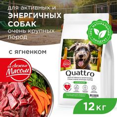 Сухой корм для собак QUATTRO, большие породы, для активных и энергичных, ягненок, 12 кг