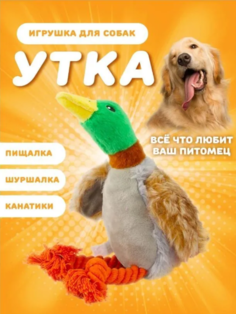 Игрушка для собак Утка, интерактивная, разноцветная, хлопок, 34 см No Brand