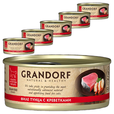 Корм влажный Grandorf для кошек, филе тунца с креветками, 6x70 г
