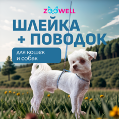 Шлейка с поводком для кошек и собак ZooWell светоотражающая, голубая, нейлон, 20-35 см