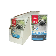 Влажный корм для кошек Blitz Classic Sterilised, в желе, курица и брусника, 24 шт по 85 г