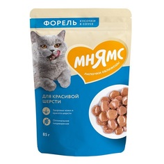 Влажный корм для кошек Мнямс, для красивой шерсти, форель, кусочки в соусе, 85 г