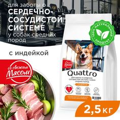 Сухой корм для собак QUATTRO, средние породы, забота о сердце и сосудах, индейка, 2,5 кг