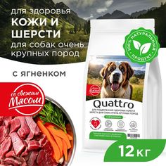 Сухой корм для собак QUATTRO, большие породы, здоровье кожи и шерсти, с ягненком, 12 кг