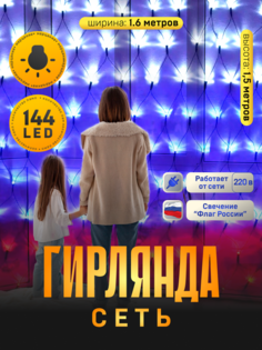 Гирлянда «Сеть» 1.6x1.6 м, IP20, прозрачная нить, 144 LED, свечение «Флаг России», 220 В No Brand