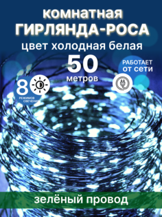 Гирлянда-роса LED 50 метров холодная белая зеленый провод