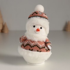 Новогодний сувенир Снеговик в вязаной коричневой шубке 7,5х7,5х13см 10471275 No Brand