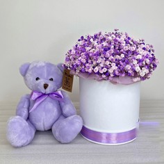 Подарочный набор: Цветочная коробка Darling white из лавандовая гипсофилы и мягкий мишка Flowoz