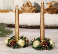 Свеча новогодняя с подсвечником Шишки и шарики (набор 4 шт) 3,5х11х15 см, золото Зимнее волшебство