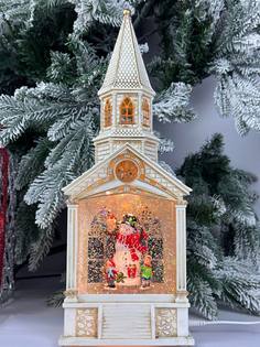 Новогодний сувенир Merry Christmas Башня Хоровод вокруг снеговика белая 38х13х 10 см