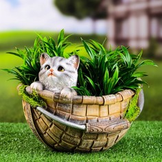 Цветочное кашпо Хорошие сувениры Котенок в корзинке фигурное 2,2 л 1 шт. коричневый серый
