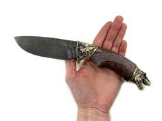 Разделочный нож Мастерская Семина, дамасская сталь, мельхиор Динозавр, стаб.карел. береза Semin