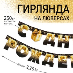 Гирлянда на люверсах «С Днем Рождения», чёрно-золотой с подарком, дл. 225 см., 250 гр/кв.м Страна Карнавалия