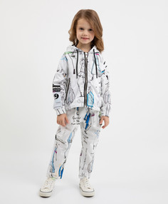 Брюки из поплина с динамичным рисунком белые для девочек Gulliver (128)