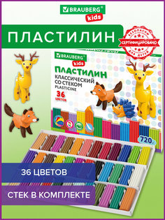 Пластилин Классический BRAUBERG KIDS, 36 цветов, 720 грамм, стек, 880564