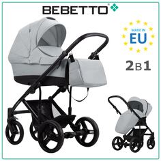 Коляска детская Bebetto 2 в 1 Tiger LUX 08, светло-серый, рама черная, 0+