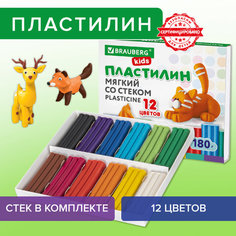 Пластилин мягкий восковой BRAUBERG KIDS, 12 цветов, 180 г, со стеком, 106495, (2шт.)