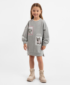 Платье с длинным рукавом из футера серое для девочки Gulliver, 110, 22402GMC5003