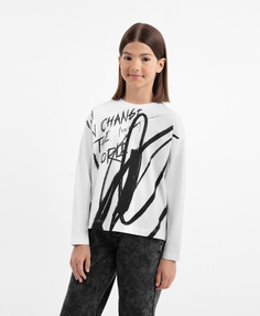 Лонгслив трикотажный с принтом белый для девочки Gulliver, 140, 22407GJC1202