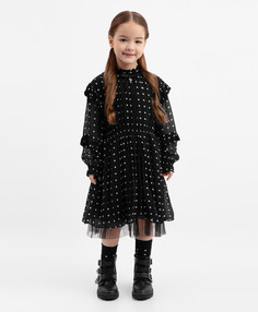 Платье с длинным рукавом в горох черное для девочки Gulliver, 110, 22401GMC2501