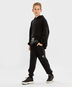 Джоггеры карго с тремя карманами и поясом на резинке черные Button Blue, 152, 224BBBJC6301