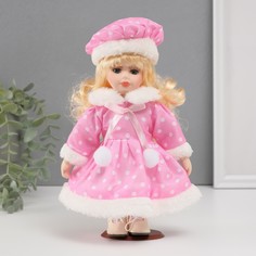 Кукла коллекционная керамика Малышка Лиза в розовом платье в горох, с мехом 21 см No Brand