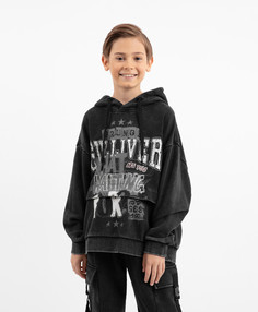 Худи из футера с принтом и эффектом варки серое для мальчика Gulliver, 140, 22410BJC1615