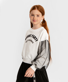 Толстовка укороченная с сеткой на рукавах и принтом белая Button Blue, 152, 224BBGP1603