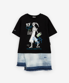 Платье комбинированное из трикотажа и денима черное для девочки Gulliver (98)