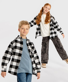 Рубашка фланелевая в клетку на кнопках черно-белая детская Button Blue, 140, 224BBBJC2302