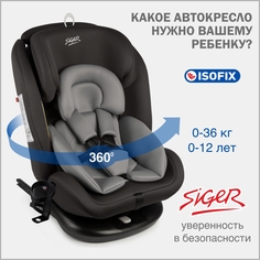 Автокресло детское Siger Престиж IsoFix Lux, 0-36 кг, цвет графит