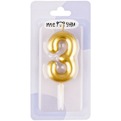 Свеча для торта с держателем MESHU "Цифра 3", 6см, золотая, блистер (MS_59938)