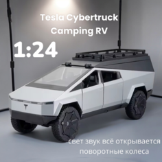 Машинка металлическая модель Tesla Cybertrack RV Camping с мотоциклом CZ170A Серебро Che Zhi