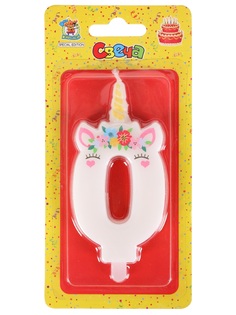 Свеча праздничная цифра 0 Miland Единорог с цветочным венком белая